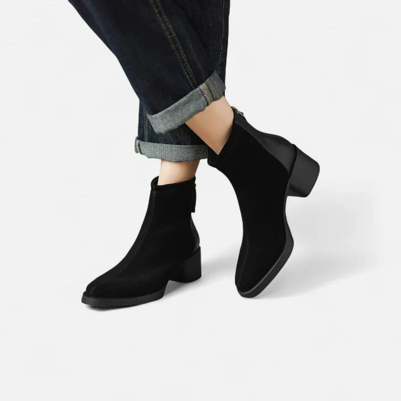 Suede Square-Toe Mid-Heel Boots