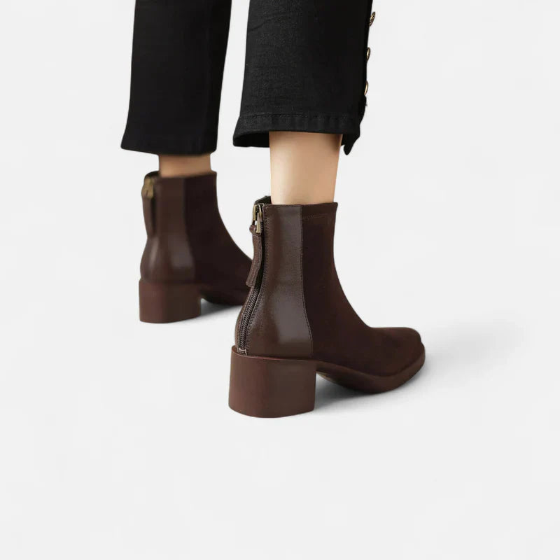 Suede Square-Toe Mid-Heel Boots