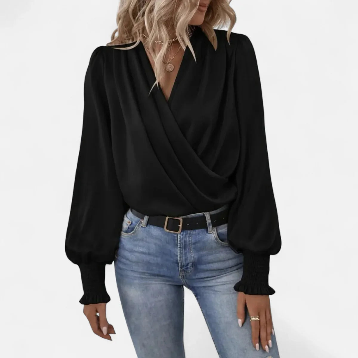 Elegant V-Neck Lantern Sleeve Blouse