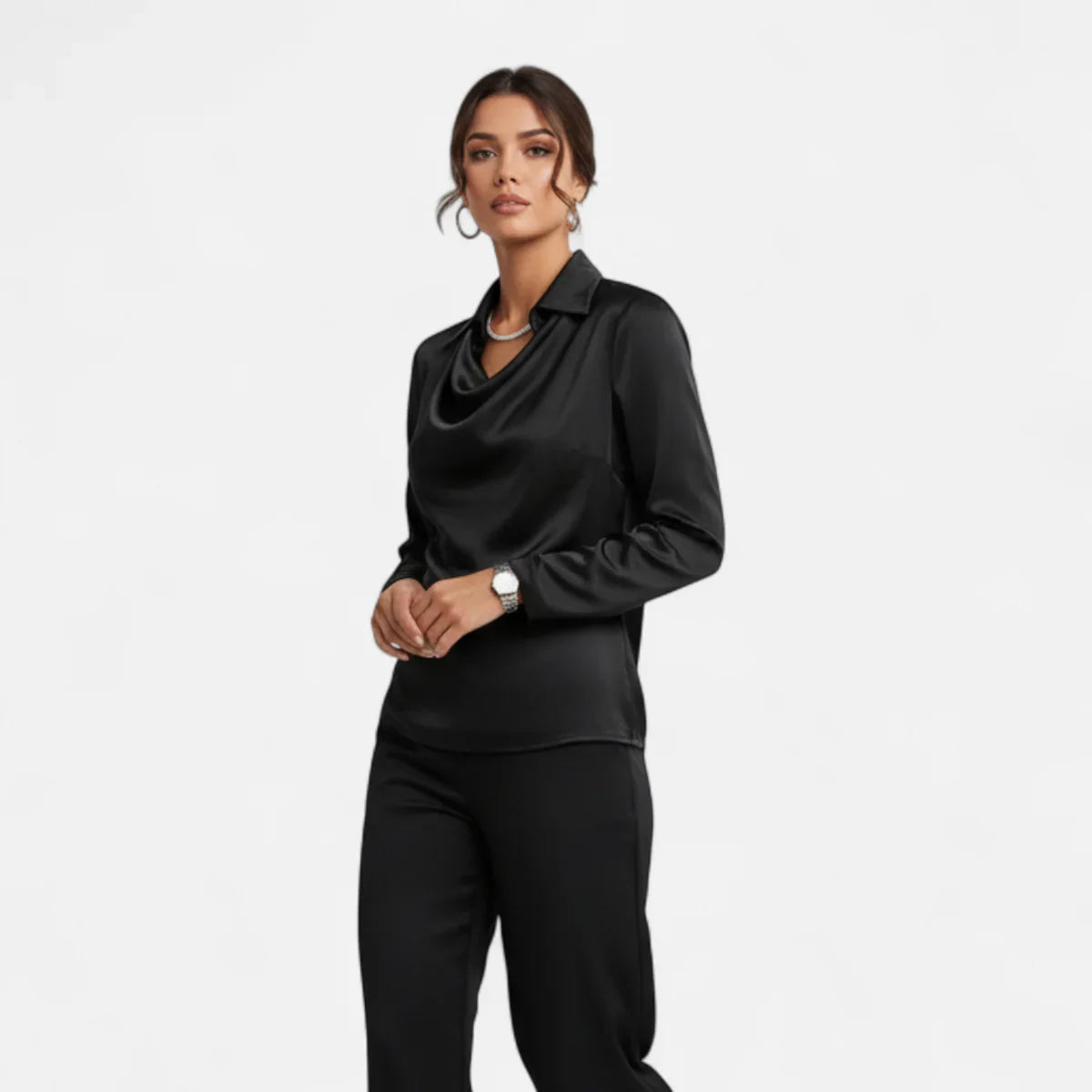 Satin Pleated V-Neck Blouse