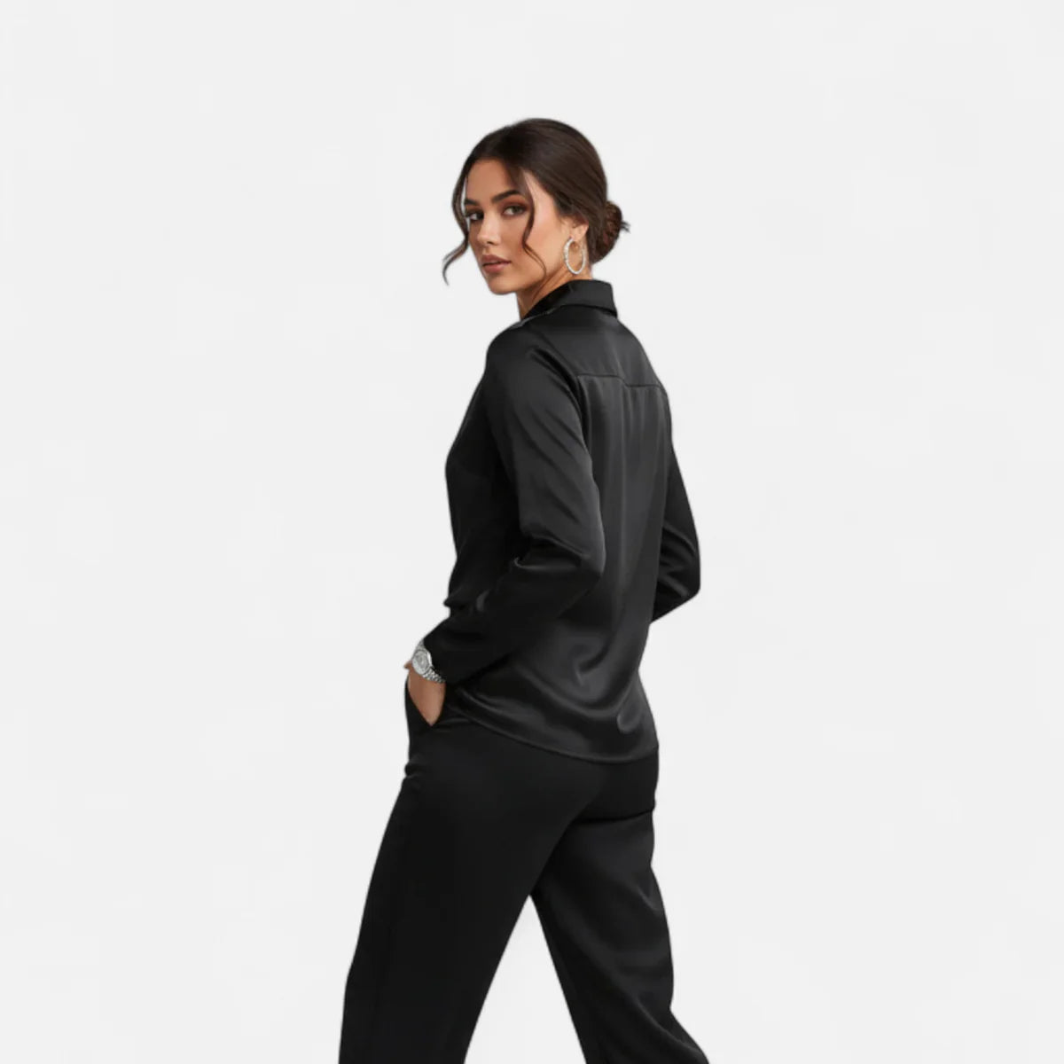 Satin Pleated V-Neck Blouse