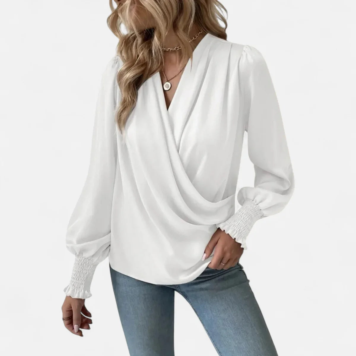 Elegant V-Neck Lantern Sleeve Blouse