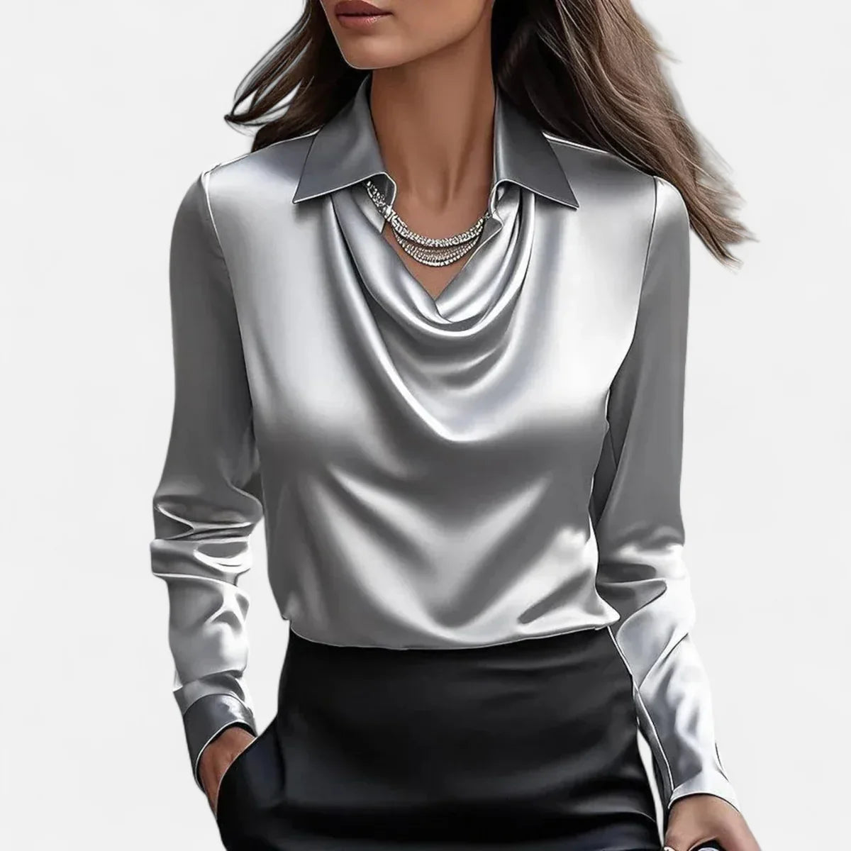 Satin Pleated V-Neck Blouse