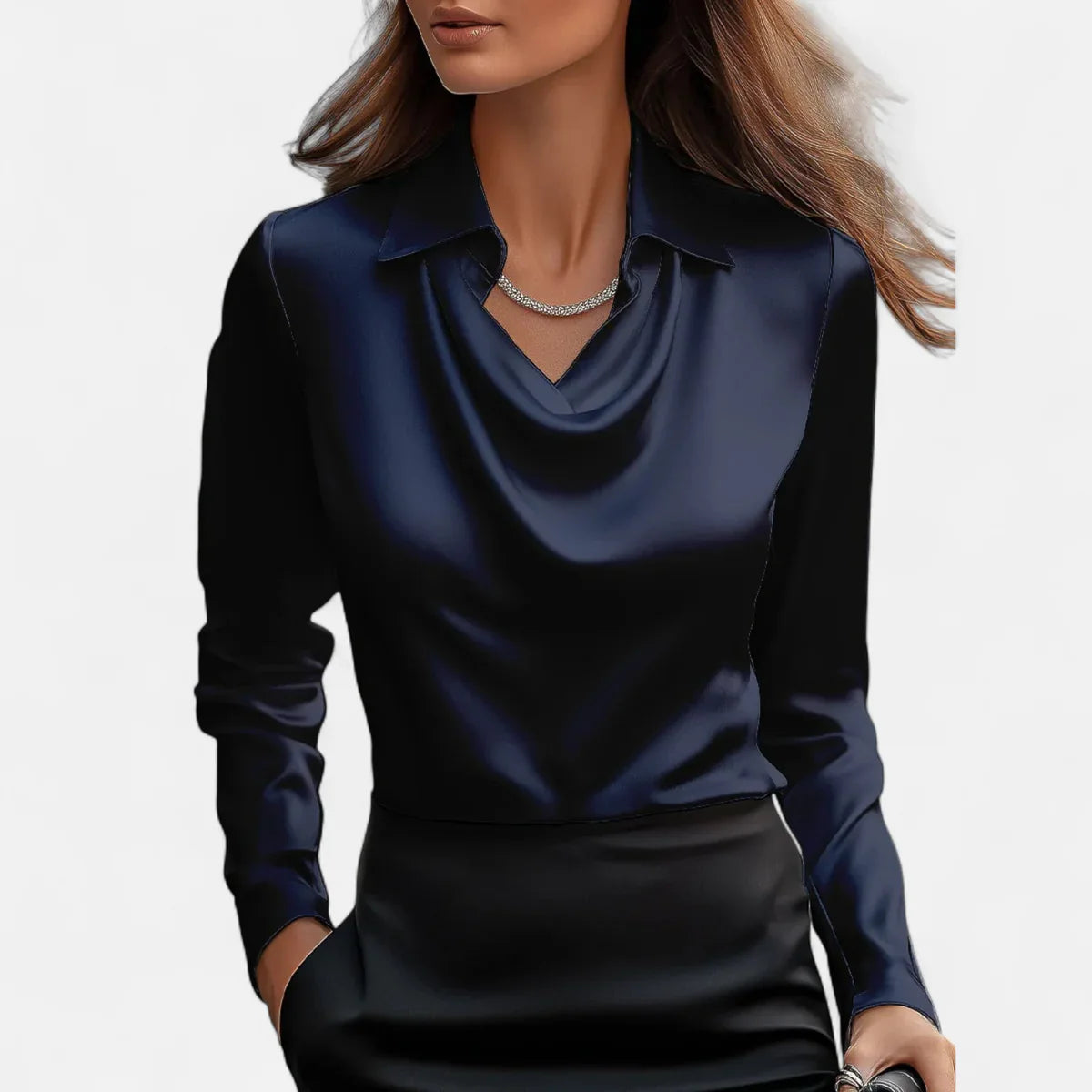 Satin Pleated V-Neck Blouse